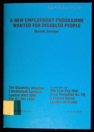 Blue A5 sized document with the title 'New Employment Programme for Disabled People' in black capital letters across the top. There is no image on the front of the booklet - just the contact details for the creator in the bottom section of the cover.